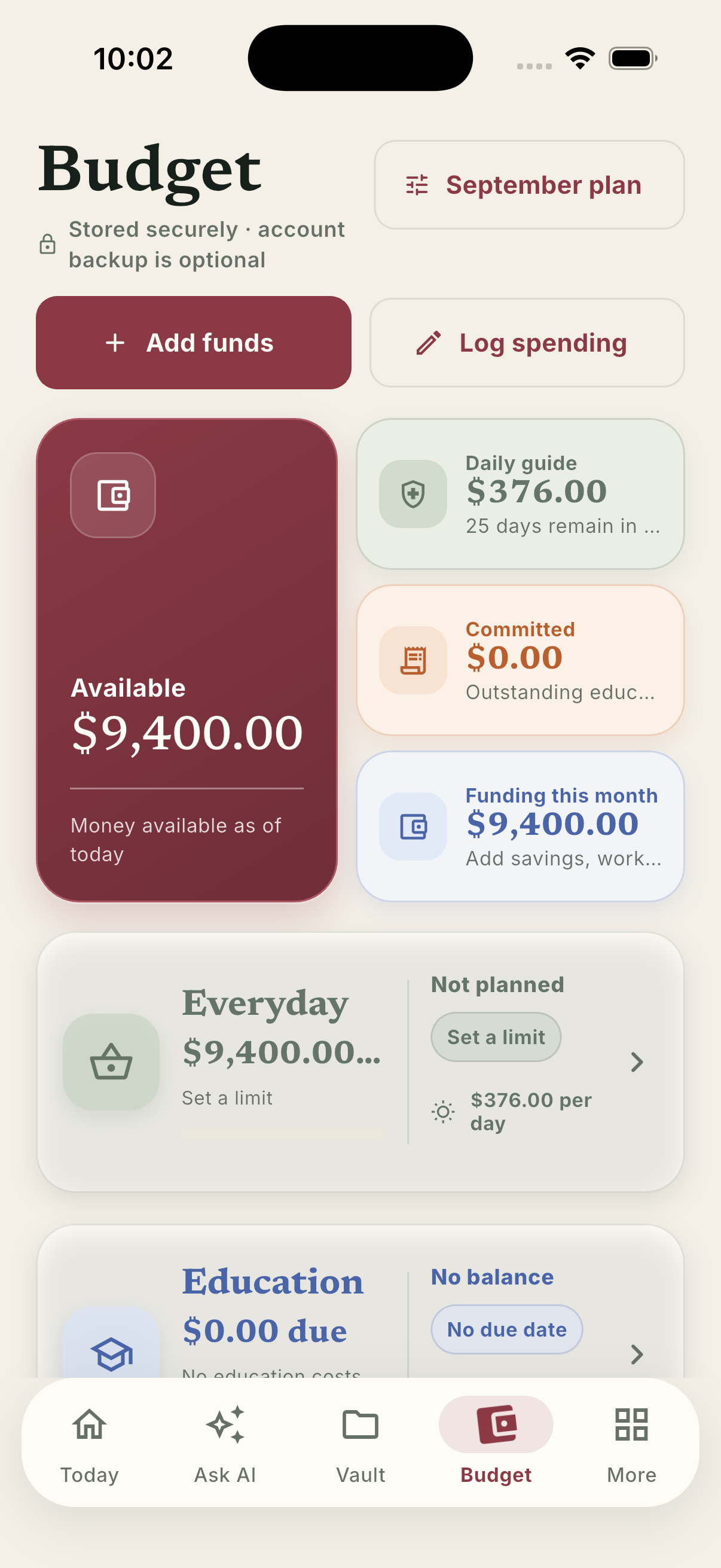 Arrival's budget tab showing an available balance, a daily spending guide, and category cards for everyday and education costs.