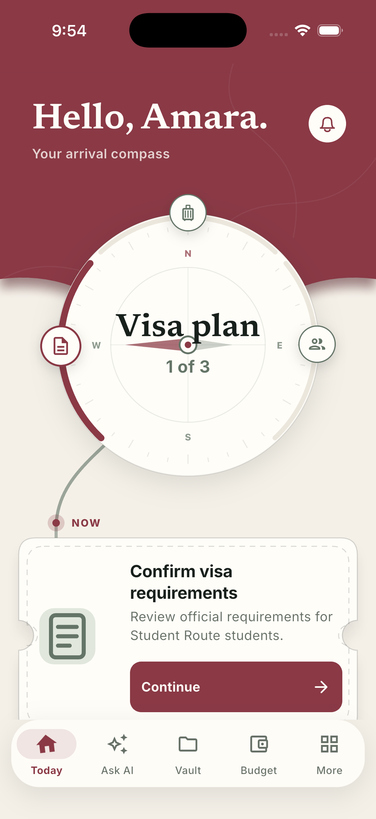 Arrival's Today tab on iPhone: the Arrival Compass with the next task, Confirm visa requirements, below it.