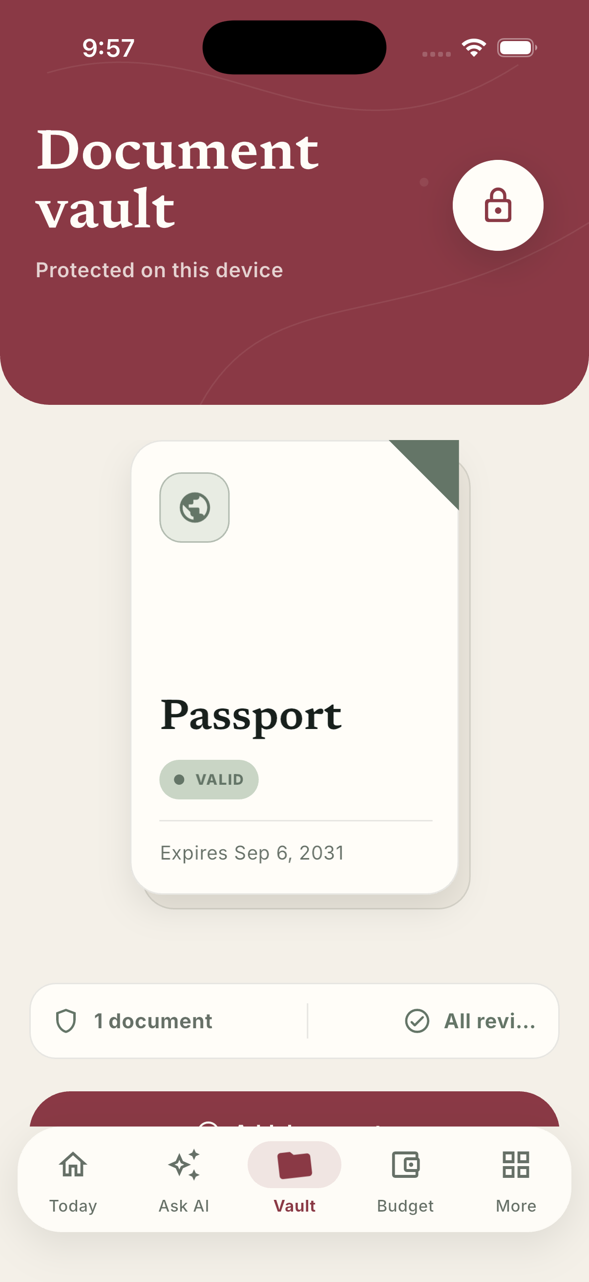Arrival's document vault on iPhone, showing an encrypted passport record with its expiry date.