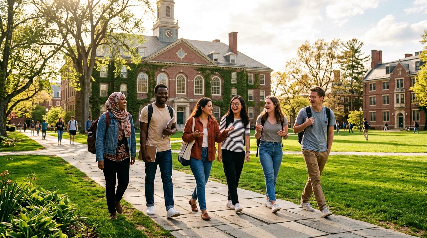 International students walking together across a university campus on a bright afternoon.